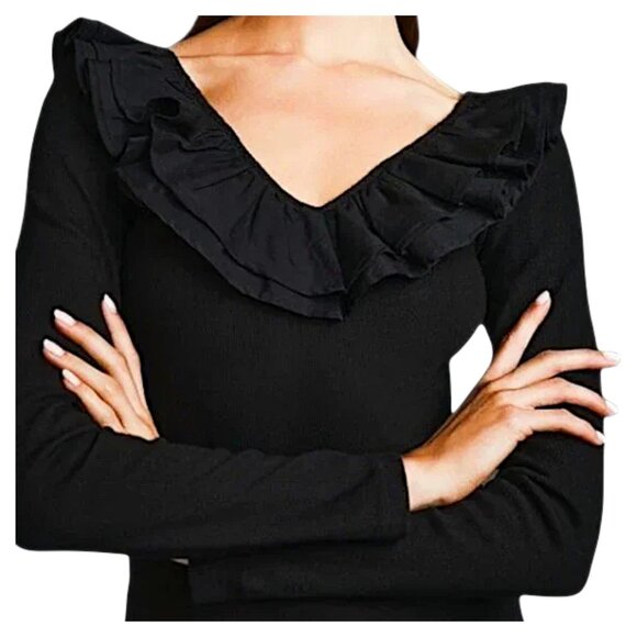 Dolan Left Coast Ruffled V-Neck Top Black M Ribbed Knit Feminine Ruffle Blouse - Picture 2 of 9